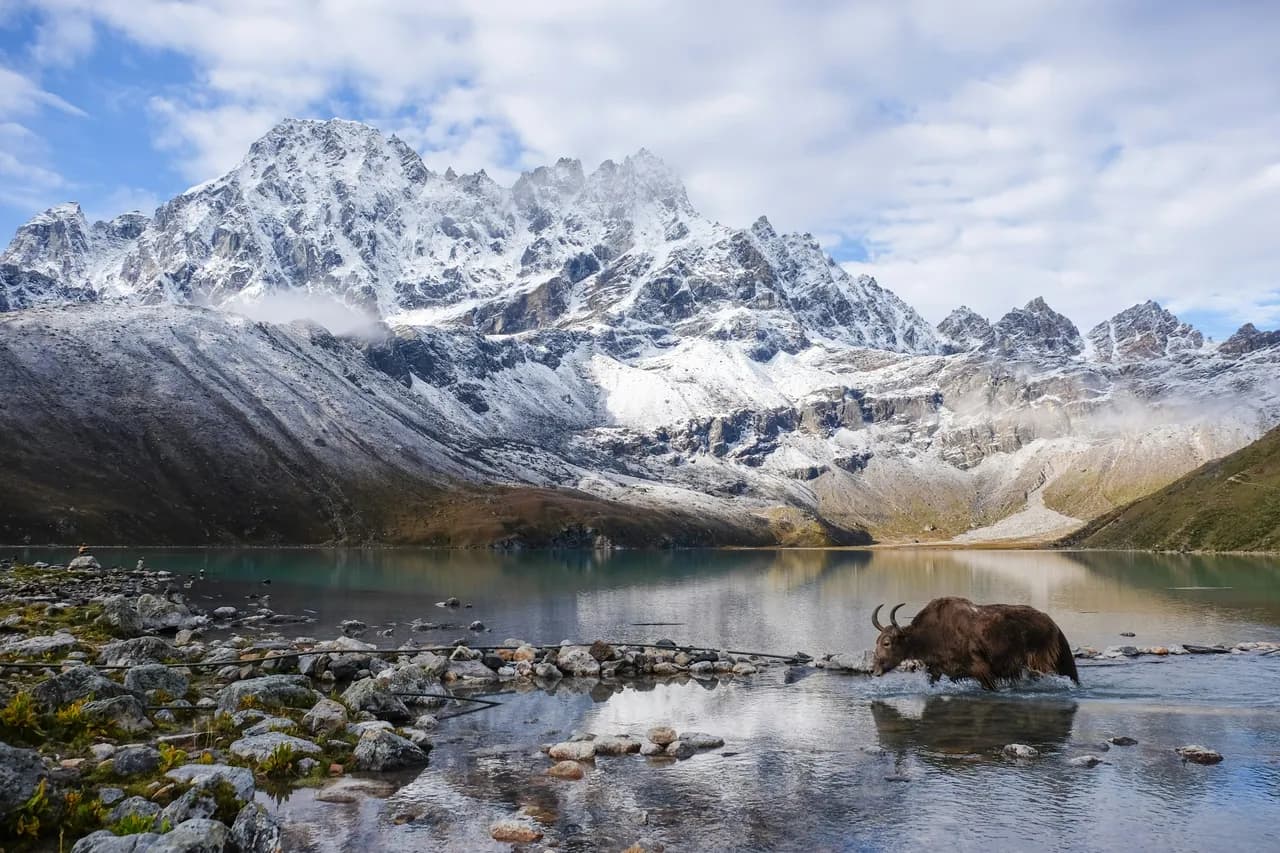 Gokyo Lake with snow-capped Himalayan peaks reflected in turquoise glacial waters, Everest region Nepal