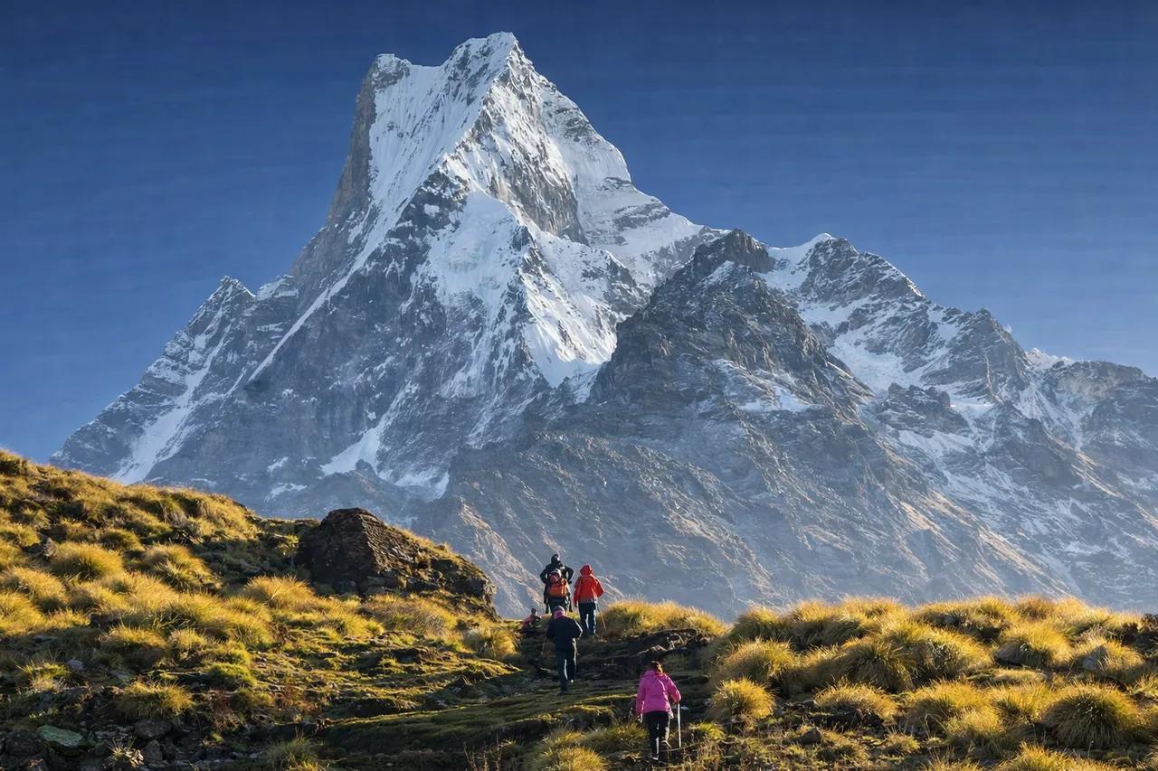 Trekkers hiking toward the dramatic snow-capped peak of Mt. Machhapuchhre (Fishtail Mountain) on the Mardi Himal Trek trail in Nepal