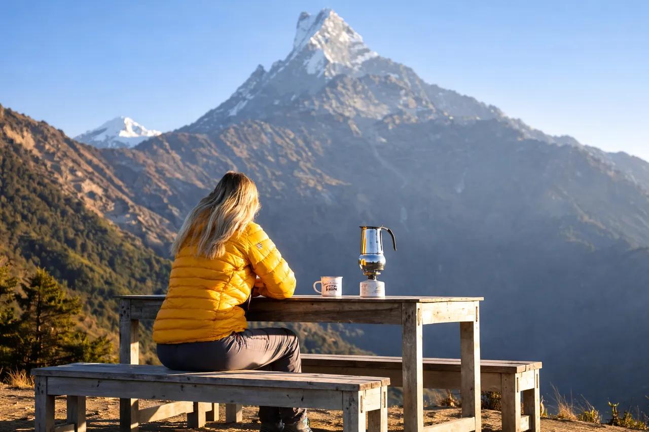Trekkers taking a rest break at a stone tea house on the Annapurna trail with afternoon mountain view