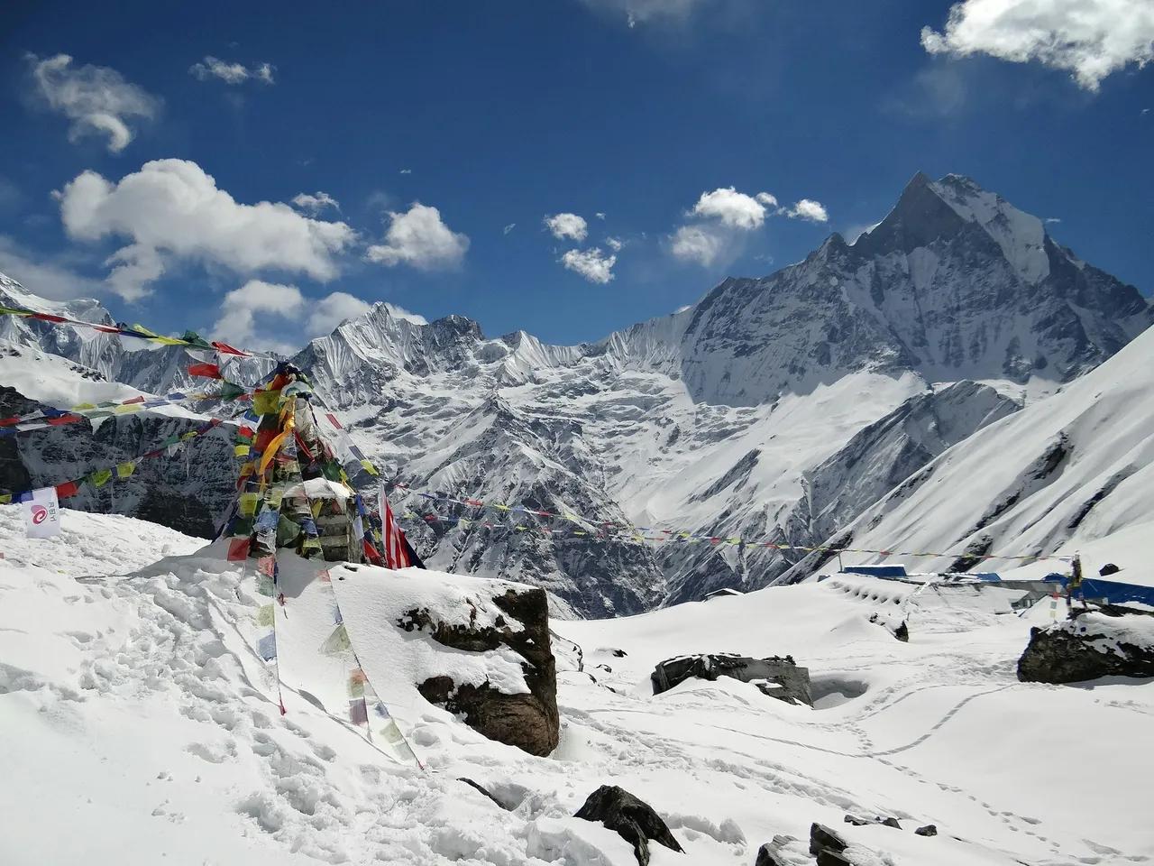 Panaromic view from Annapurna Base Camp at 4130m with Mt.Machapuchhre (Fishtail) and prayer flags