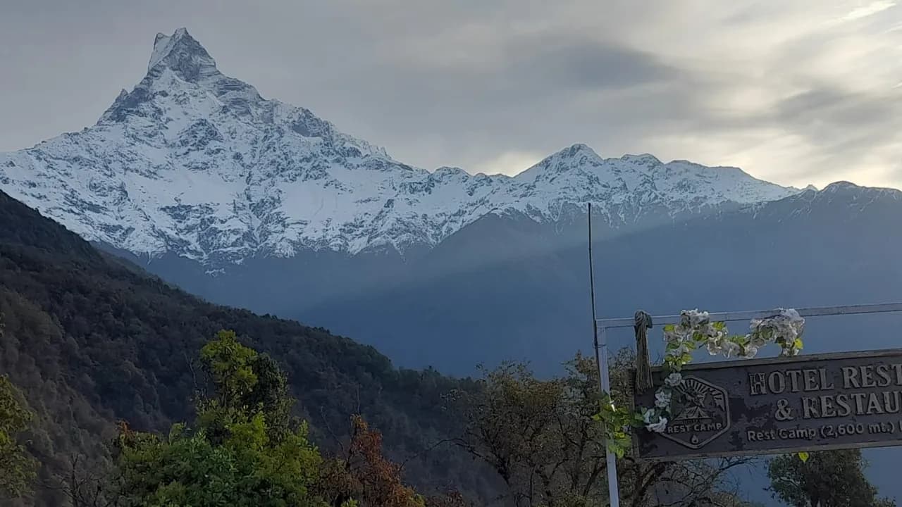 Machapuchhre, seen clearly from Rest Camp — the mountain that stays with you even when the clouds take it away.